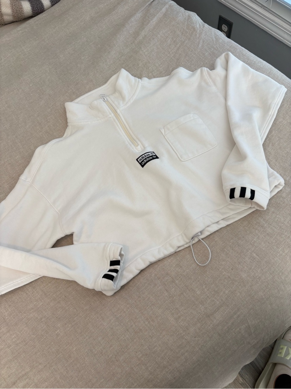 adidas White Cropped Half-Zip Pullover with Chest Patch